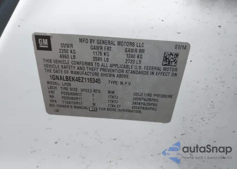 2014 Chevrolet Equinox 1Lt из США, поврежденный, VIN 1GNALBEK4EZ116345